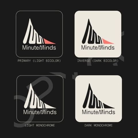 The MinuteMinds logo in four versions: light bicolor, dark bicolor, light monochrome and dark monochrome.