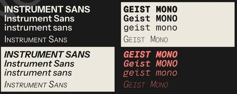 Type specimens from the MinuteMinds guidelines: Instrument Sans and Geist Mono in capitals, title case, lowercase and small capitals, upright and italic.