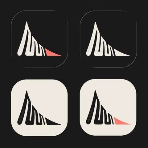 Four MinuteMinds app icons, two dark and two light, one of each with the coral tip.